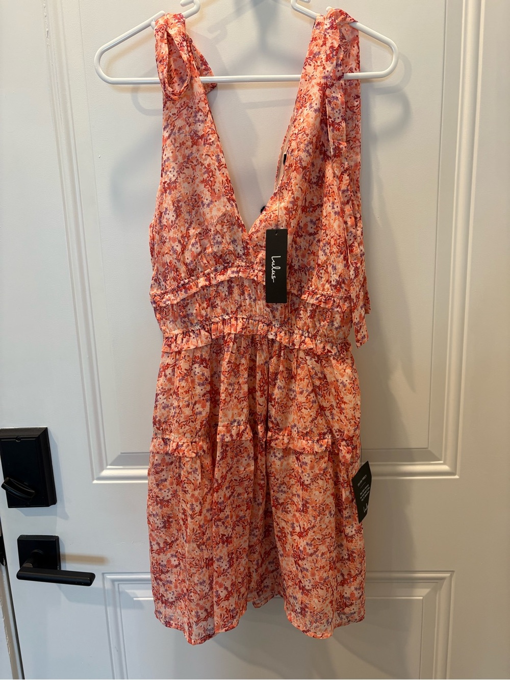 Lulu's Coral Pink Floral Tie-Shoulder Mini Dress